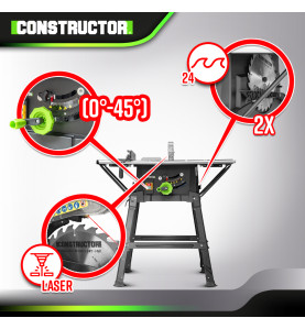 Table scie circulaire 2000W - 254mm - Livrée avec 2 lames (24 et 40 dents) - Constructor