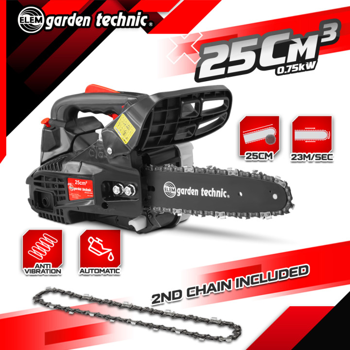 Elagueuse thermique 25cc - guide 25cm - 2 temps - Livrée avec 2 chaînes - Elem Garden