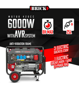 Groupe électrogène max 6000W avec roues et prise triphasée - Brick
