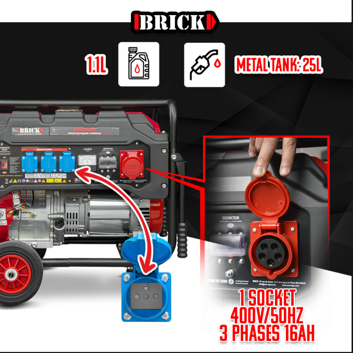 Groupe électrogène max 6000W avec roues et prise triphasée - Brick