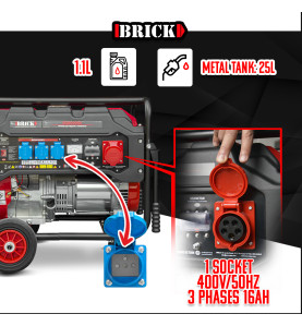 Groupe électrogène max 6000W avec roues et prise triphasée - Brick