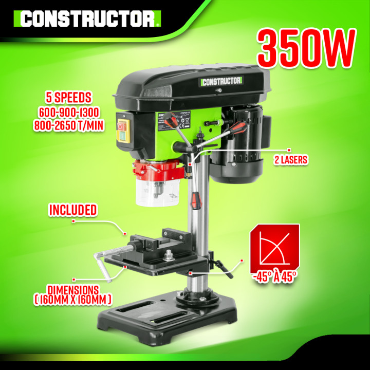 Perceuse à colonne 350W avec étau et laser - 13mm - 5 vitesses - Constructor