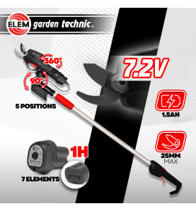 Sécateur rechargeable 7.2V lithium avec perche télescopique - Elem Garden