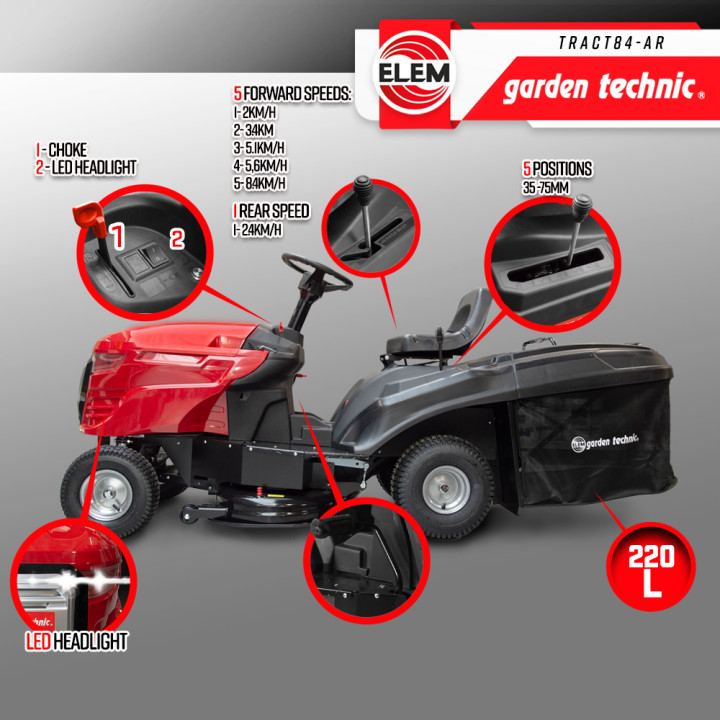 Tracteur tondeuse 352cc - largeur de coupe 84cm - Elem Garden