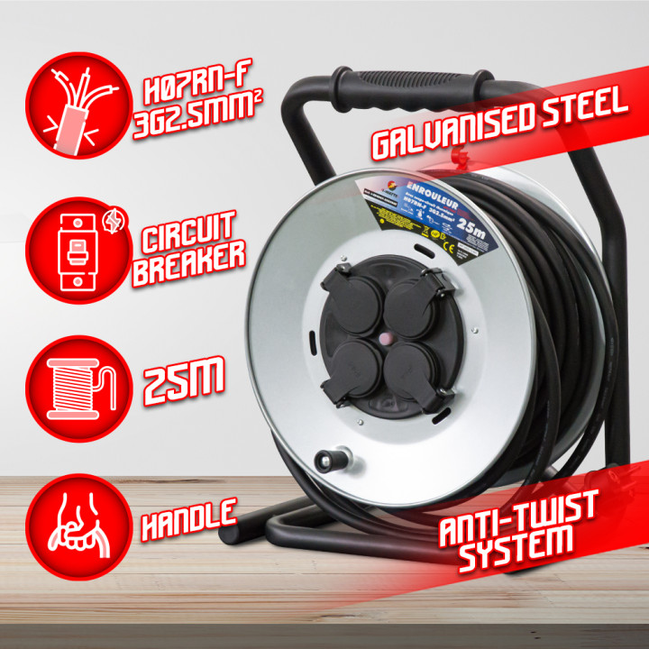 Enrouleur 4 prises-h07rn-3g2.5MM²-25M - Acier galvanisé -I-watts Pro