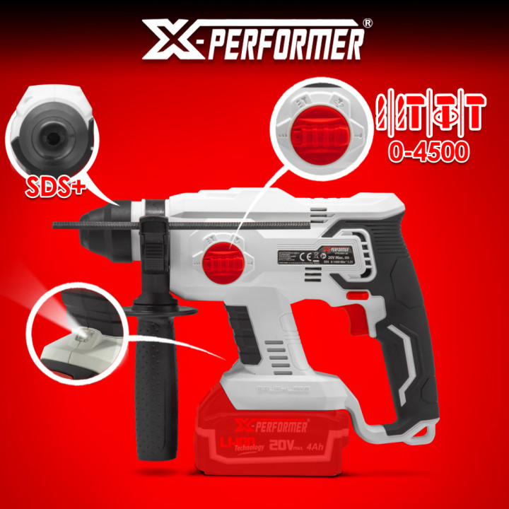 Marteau perforateur sans fil 20V avec moteur à induction livré sans batterie - X-Performer