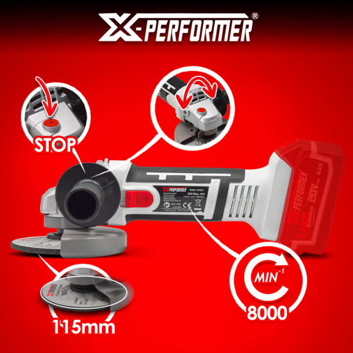 Meuleuse d'angle sans fil 20V - 115mm livrée sans batterie - X-Performer