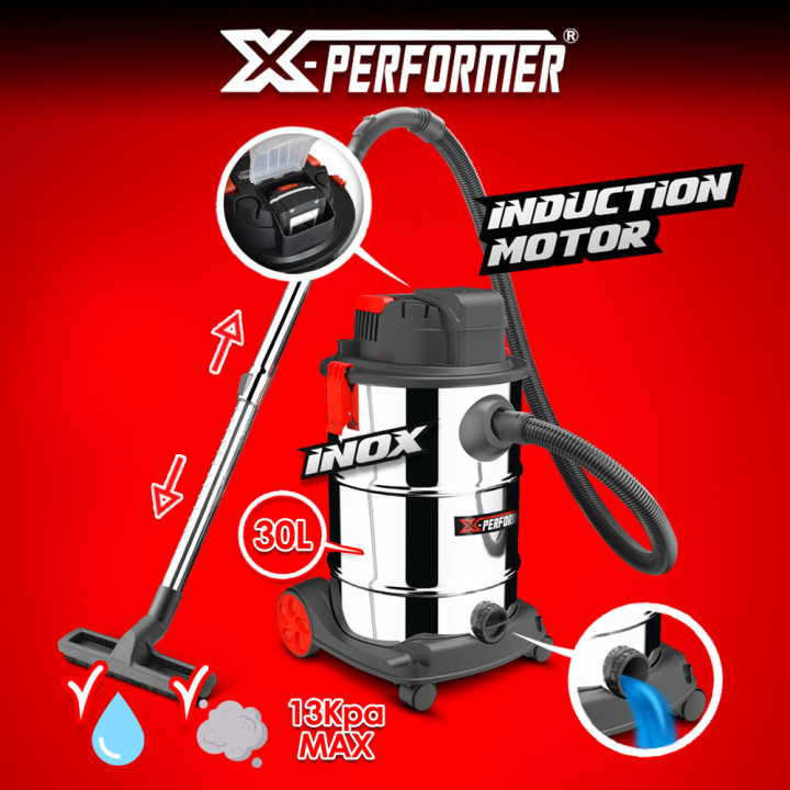 Aspirateur eau et poussières rechargeable 20V avec moteur à induction - 30L inox livré sans batterie - X Performer