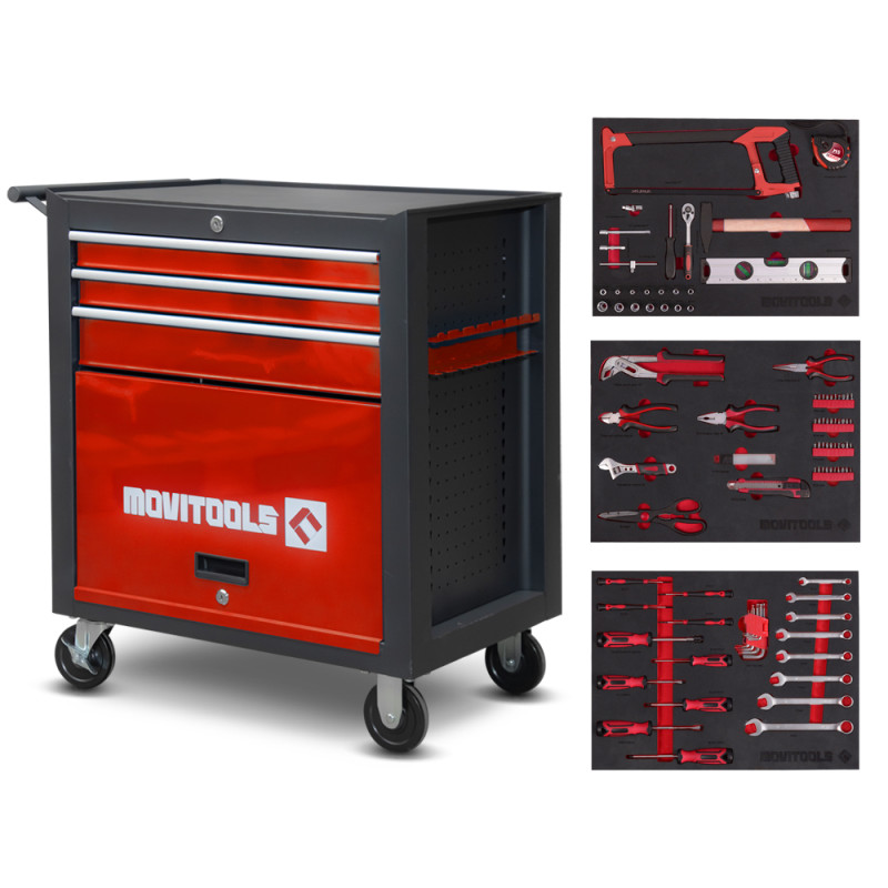 Servante d'atelier 3 tiroirs + espace de rangement + accessoires - Movitools