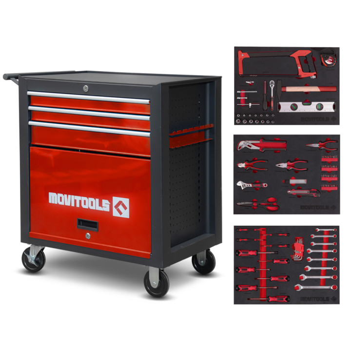 Servante d'atelier 3 tiroirs + espace de rangement + accessoires - Movitools