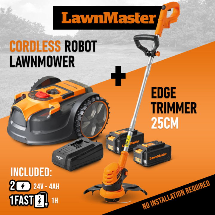 Robot tondeuse autonome 24V sans fil périmétrique - Le robot le plus simple du marché + Coupe bordures 24v et 2 batteries.