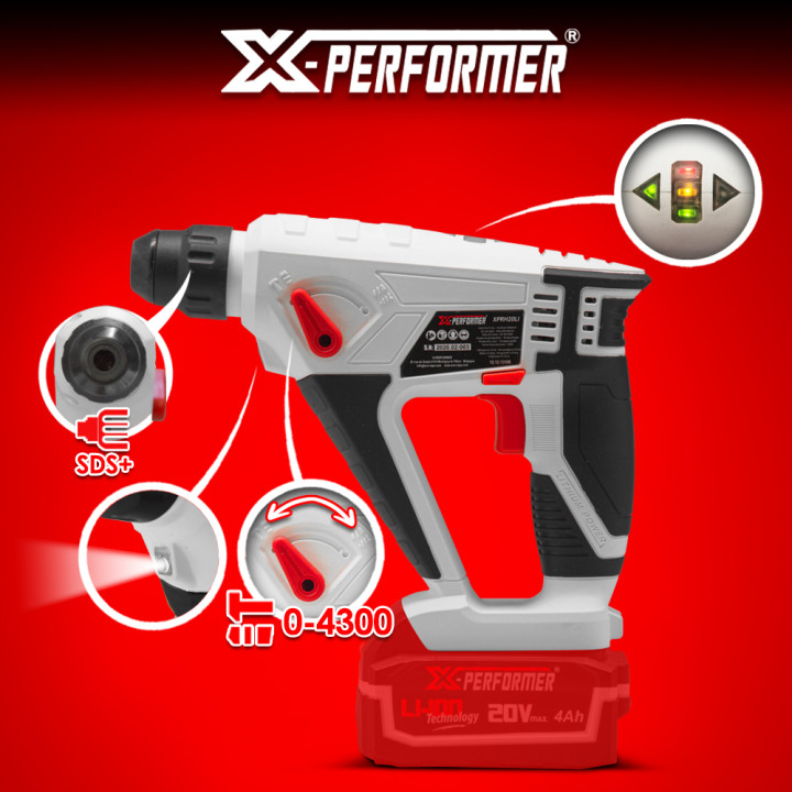 Marteau perforateur sans fil 20V avec batterie 4Ah - X-Performer.