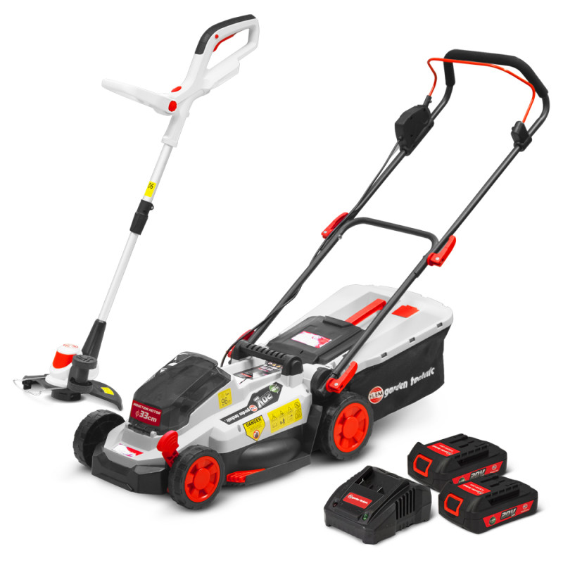 Tondeuse et coupe bordures rechargeables 20V max + 2 batteries - Elem Garden.
