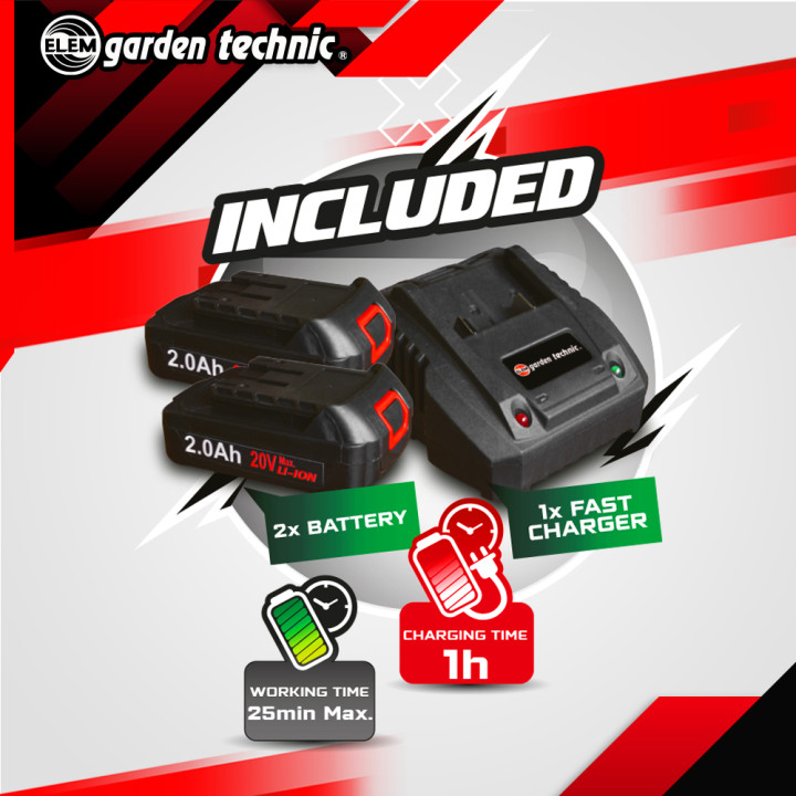 Tondeuse et coupe bordures rechargeables 20V max + 2 batteries - Elem Garden.