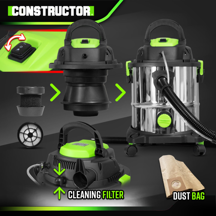 Aspirateur eau et poussières / shampouineuse 1400W - 20L inox - 18 Kpa avec soufflerie - Constructor