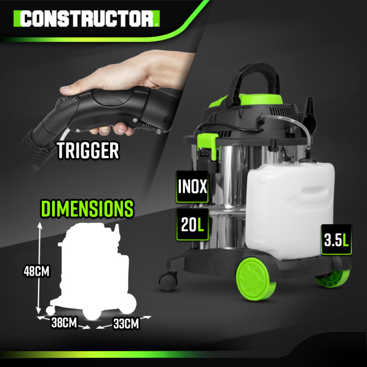Aspirateur eau et poussières / shampouineuse 1400W - 20L inox - 18 Kpa avec soufflerie - Constructor