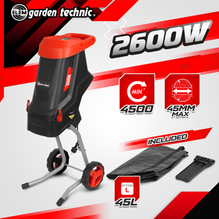 Broyeur de végétaux électrique 2600W avec sac récupérateur de 45L