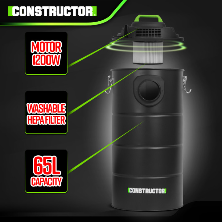 Aspirateur d'atelier 1200W avec cuve métallique 65L - Constructor