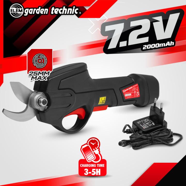 Sécateur rechargeable 7.2V lithium livré avec batterie intégrée et chargeur - Elem Garden