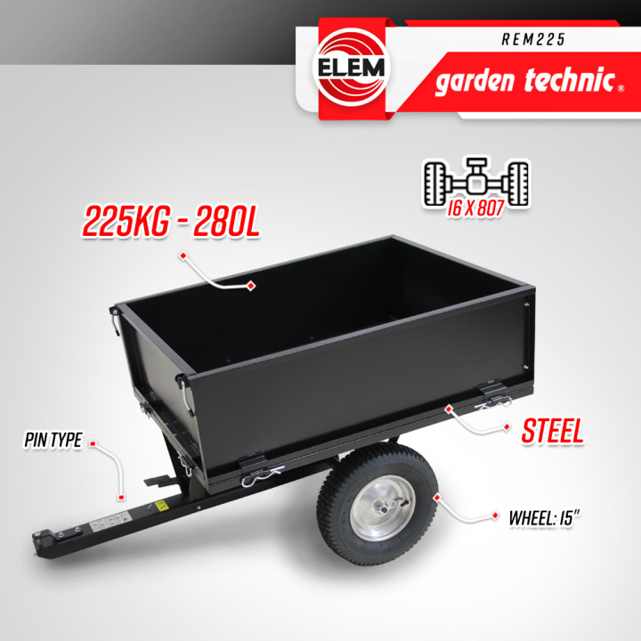 Remorque pour tracteur tondeuse avec benne basculante - charge max 225kg.