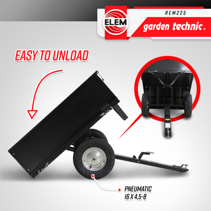 Remorque pour tracteur tondeuse avec benne basculante - charge max 225kg.