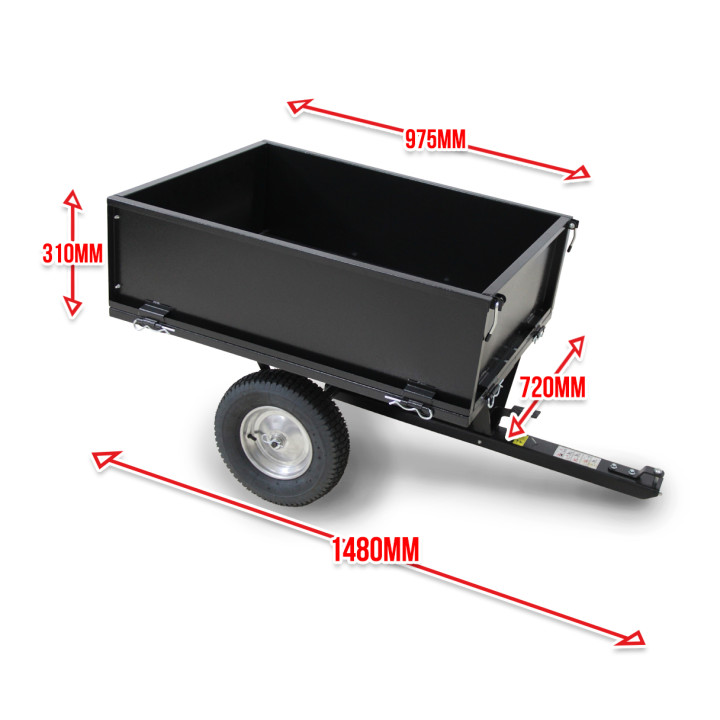 Remorque pour tracteur tondeuse avec benne basculante - charge max 225kg.