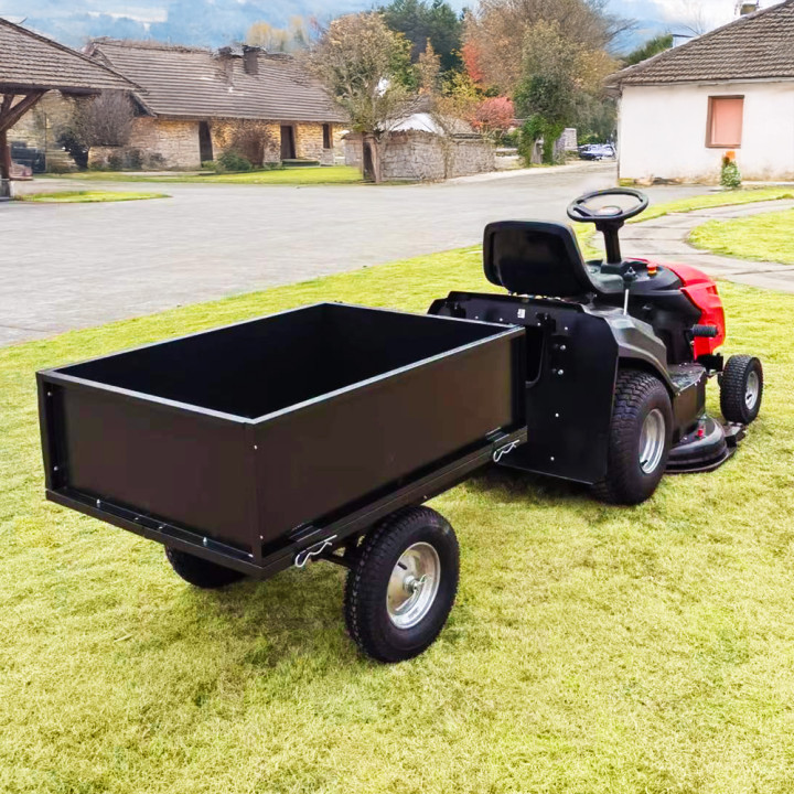 Remorque pour tracteur tondeuse avec benne basculante - charge max 225kg.