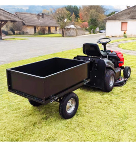 Remorque pour tracteur tondeuse avec benne basculante - charge max 225kg.