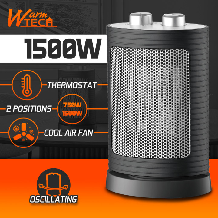 Radiateur céramique oscillant 1500W - 2 puissances + ventilateur - Avec Thermostat
