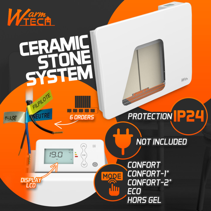 Radiateur inertie céramique 1000 W - IP24 - Fil pilote 6 ordres