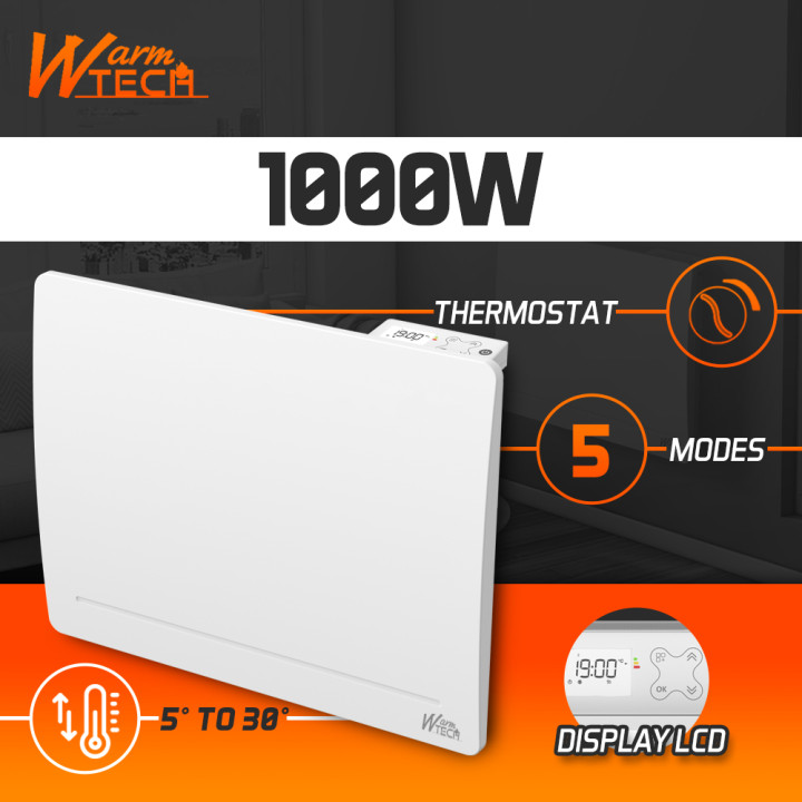 Radiateur inertie fonte 1000 W - IP24 - NF - Fil pilote 6 ordres.