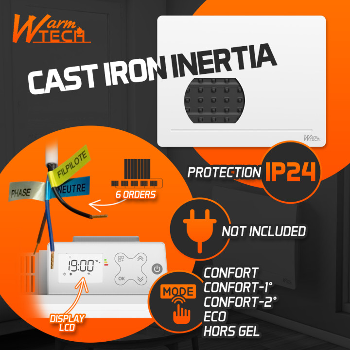 Radiateur inertie fonte 1000 W - IP24 - NF - Fil pilote 6 ordres.