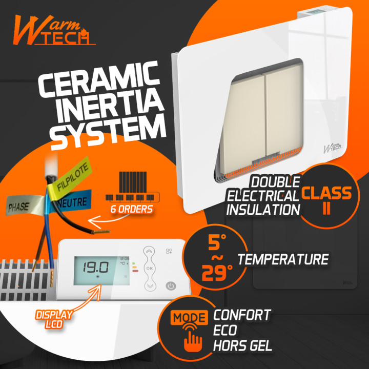 Radiateur inertie céramique avec façade en verre 1000 W - IP24 - NF - Fil pilote 6 ordres