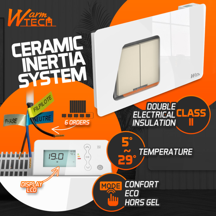 Radiateur inertie céramique avec façade en verre 1500 W - IP24 - NF - Fil pilote 6 ordres