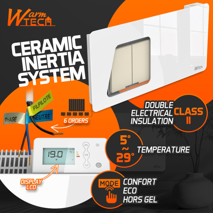 Radiateur inertie céramique avec façade en verre 2000 W - IP24 - NF - Fil pilote 6 ordres.