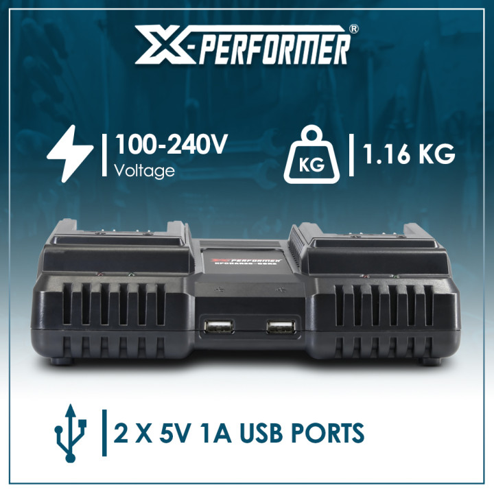 Chargeur double super rapide ventilé avec ports USB pour batterie concept X-Performer