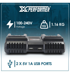 Chargeur double super rapide ventilé avec ports USB pour batterie concept X-Performer