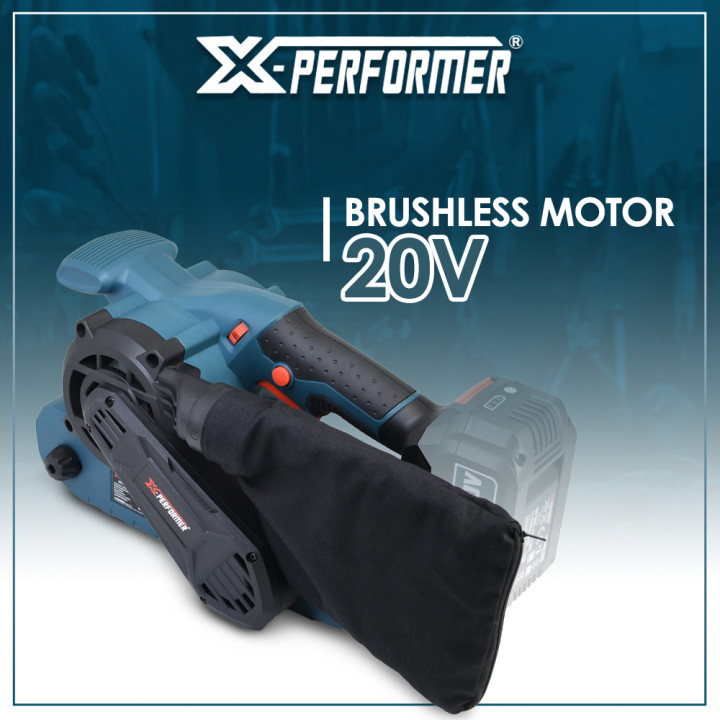Ponceuse à bande sans fil 20V avec vitesse variable et moteur brushless livrée sans batterie ni chargeur.