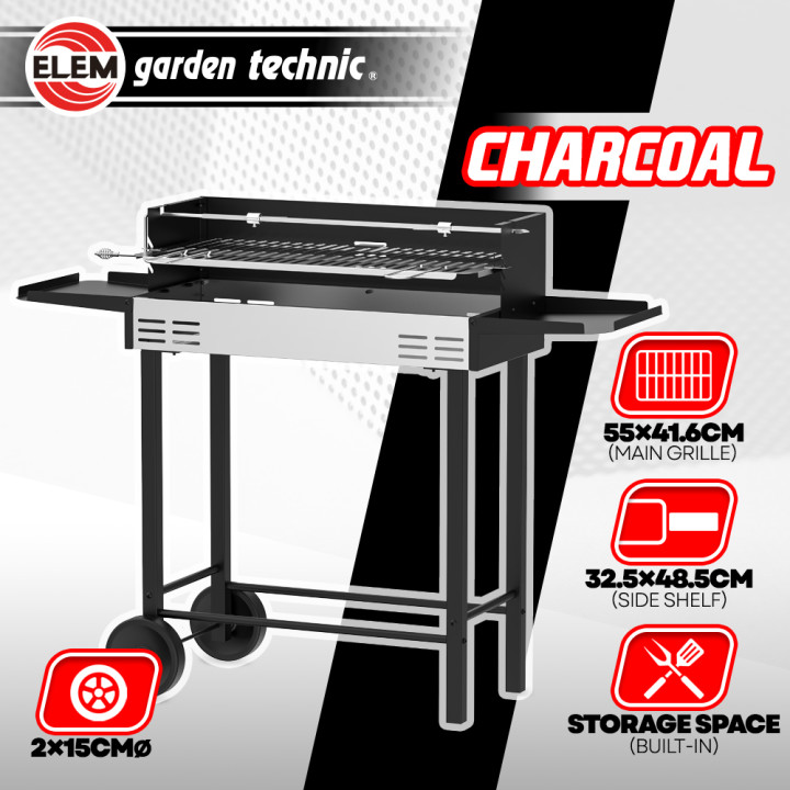 Barbecue charbon de bois avec roues et broche, surface de cuisson 68x33cm