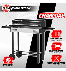 Barbecue charbon de bois avec roues et broche, surface de cuisson 68x33cm