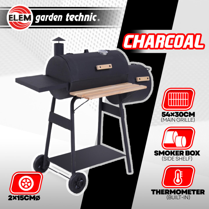 Barbecue charbon de bois, fumoir avec roues et thermomètre, surface de cuisson 54x30cm