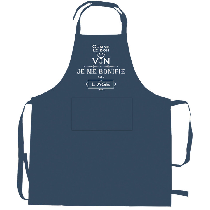 Avental de cozinha reciclado Je me bonifie avec l'âge Indigo 72 X 90