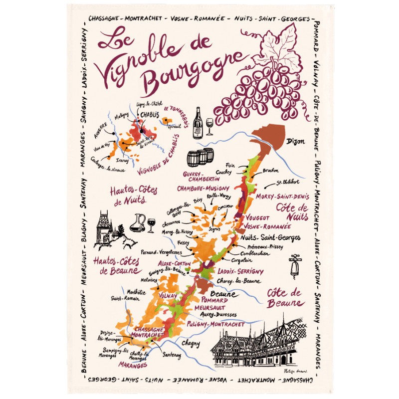 Theedoek La carte des Bourgognes Écru 48 X 72