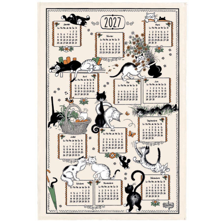 Pano de cozinha Dubout Ribambelle chats calendrier 2027 Écru 48 X 72