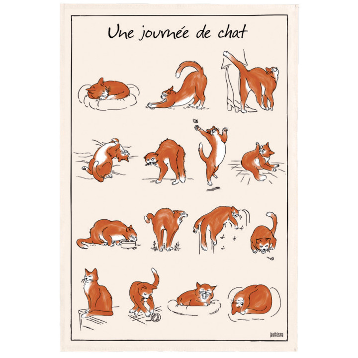 Gedrukt theedoek Journée de chat Écru 48 X 72