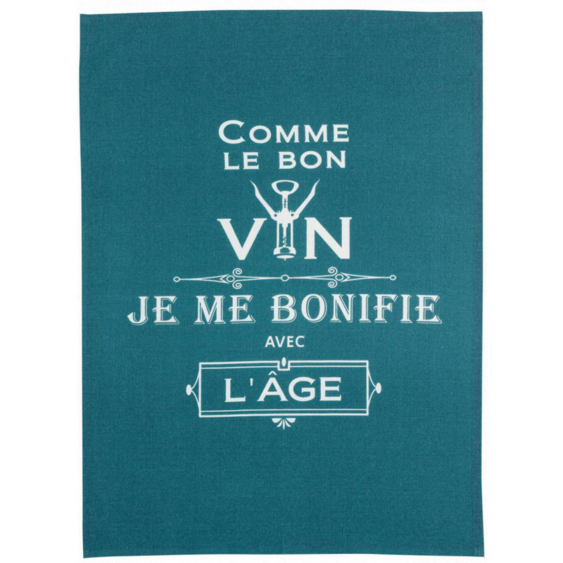 Theedoek Message Comme le bon vin Paon 70 X 50
