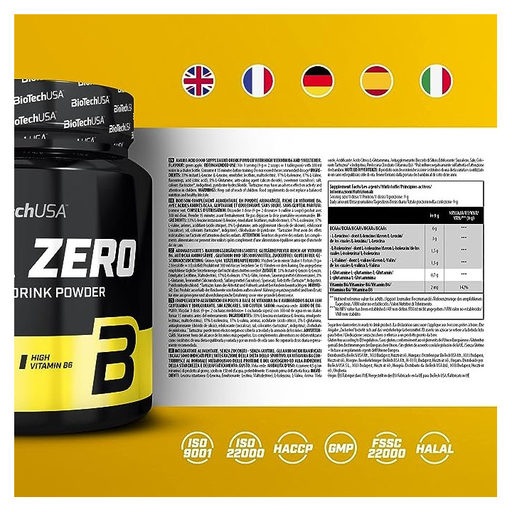 BCAA Zero acides aminés en poudre saveur POMME VERTE 360 Gr  |BIOTECHUSA — Pomme verte · Taille 360 Gr