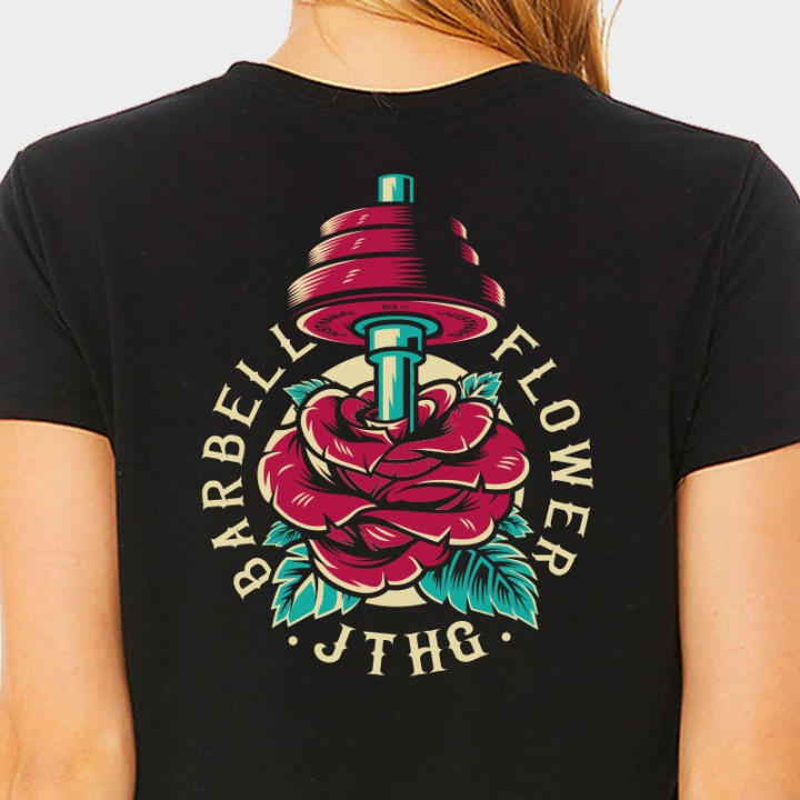 T-shirt femme Crop noir BARBELL FLOWER | JUSTHANG — Noir · Taille XS