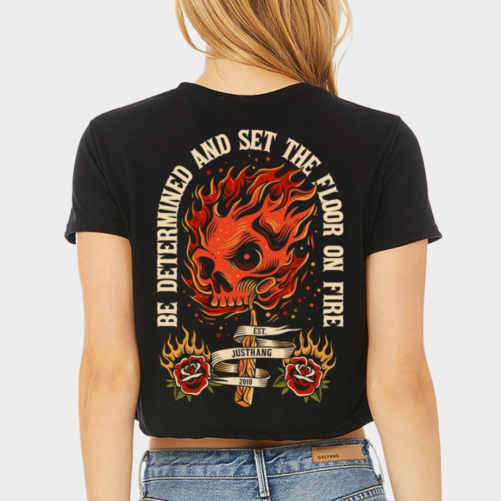 T-shirt femme Crop noir FLOOR ON FIRE | JUSTHANG — Noir · Taille XS