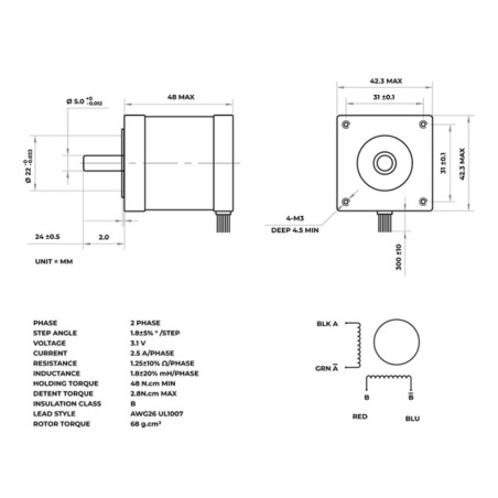Moteur pas à pas 3,1V/ 2,5 A (angle 1,8° / 200 pas)